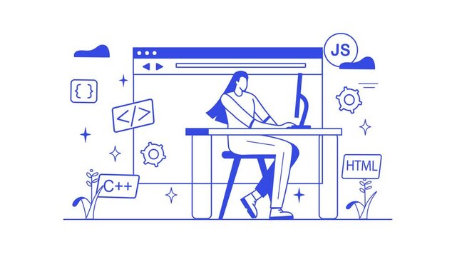 Animated female developer coding in browser interface with JS and HTML