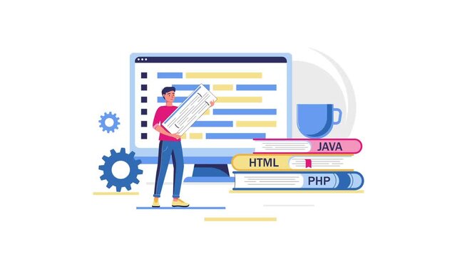 Animated programmer holding code sheet beside web development screen