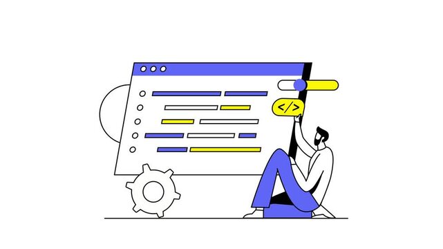 Programmer editing code in browser window with gear icon, animated