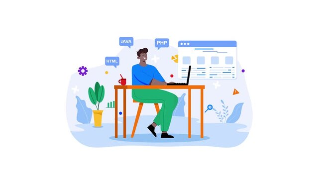 Animated web developer coding on laptop with Java, PHP and HTML bubbles