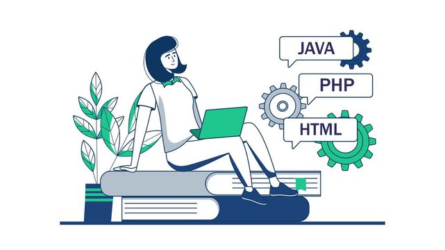Female developer learning Java, PHP and HTML with laptop on books