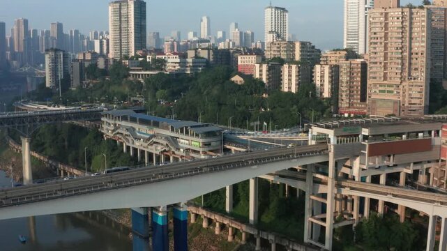 Chongqing skyline with elevated rail transit and multilayer urban cityscape