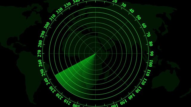 Radar screen animation on map background. Signal transmitted sonar radar .Radar point to detect enemy position.Technology world map radar screen animation. Radar Scanning loop.radar icon animation.4k