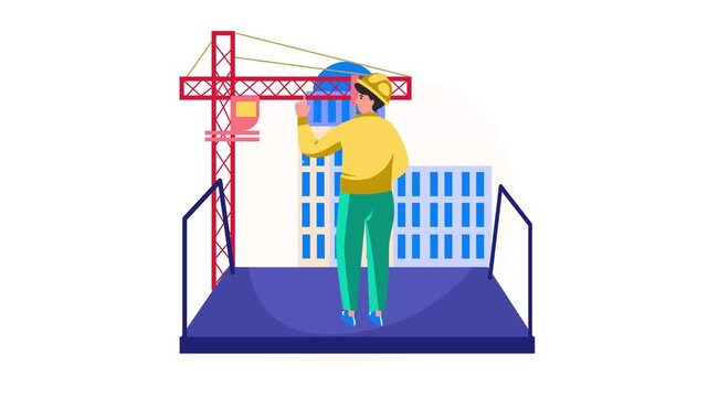 Construction worker inspecting crane and building site animated illustration