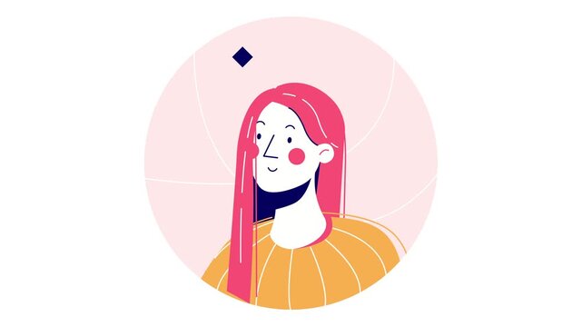 Animated portrait of smiling young woman with pink hair and abstract circle