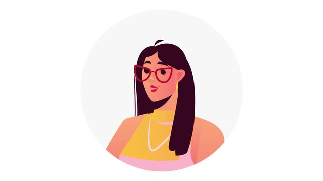 Animated stylized woman avatar with glasses in circular frame on white