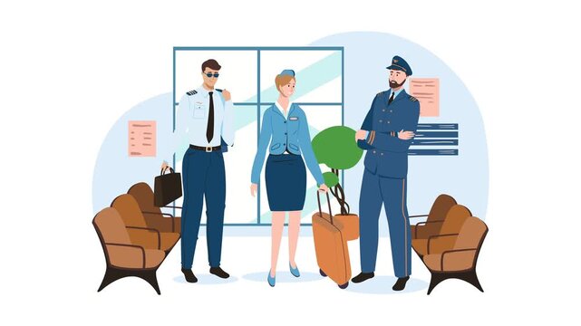 Animated airline crew standing with luggage in modern airport lounge