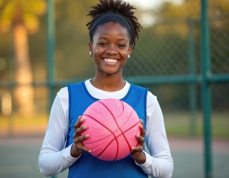 Smiling African girl holds pink basketball on outdoor court. Young athlete wears blue sports jersey, ready for game. Teenager enjoys active healthy lifestyle and fitness.
