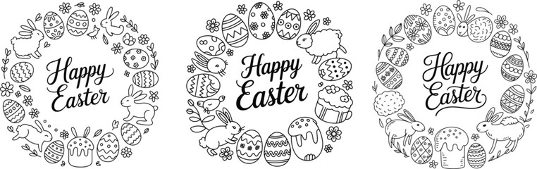 Fototapeta premium Watercolor Easter wreath featuring hand-painted spring flowers, decorative eggs, and green leaves, isolated on white background, festive holiday vector illustration.