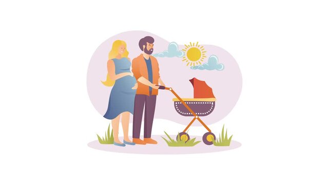 Animated expectant couple with stroller in sunny outdoor scene