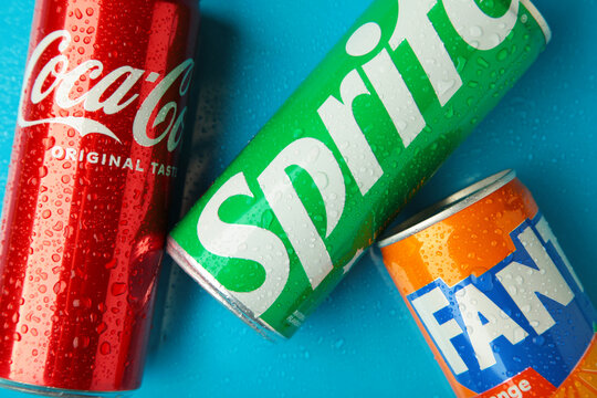 Mykolaiv, Ukraine - March 25, 2026 - Can of Coca-cola , Fanta and Sprite carbonated soft drink logo close-up