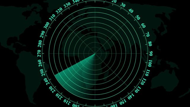 Radar screen animation on map background. Signal transmitted sonar radar .Radar point to detect enemy position.Technology world map radar screen animation. Radar Scanning loop.radar icon animation.4k