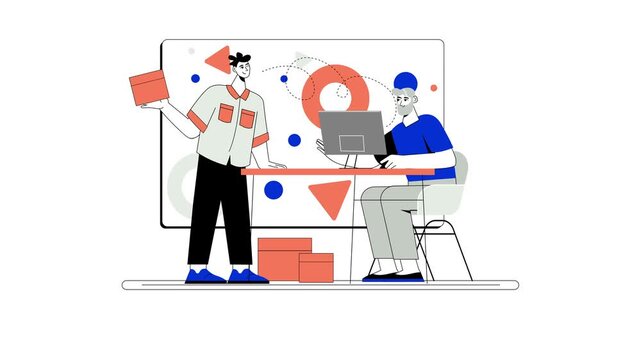 Animated flat design of two coworkers collaborating at computer desk
