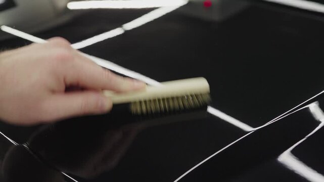 Scratches on the car body. Protective film protects the car body from chips and scratches. A wire brush scratches the car. PPF test.