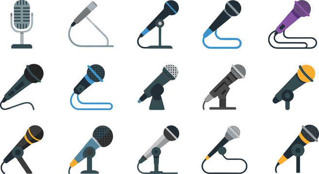 Microphone icons set with handheld, studio and stand mics, flat cartoon audio equipment collection for podcast, music, broadcast and recording design