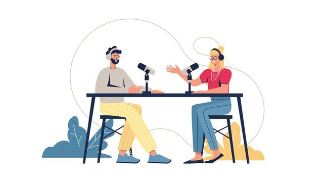 Animated podcast interview with two hosts at microphones in studio