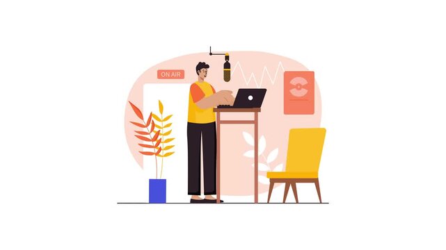 Flat vector animation of a podcast host recording in a home studio