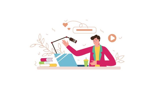 Animated content creator at laptop with social media icons and books
