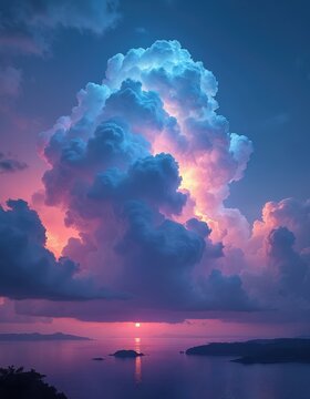 Dramatic sky with large thunderhead clouds illuminated by sunset. Ocean water reflects vibrant pink and blue light. Islands visible on horizon.