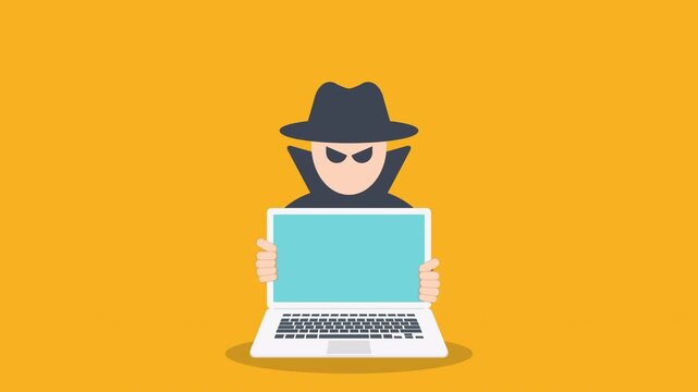 Hacker with laptop computer stealing confidential data, personal information and credit card detail. Hacking concept.
