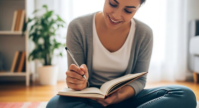 Woman Writing in Journal, Focused and Content.