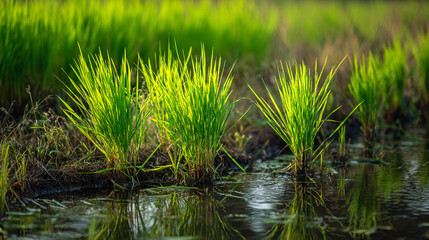 Fototapeta premium Young green rice plants growing in a flooded paddy field at sunrise
