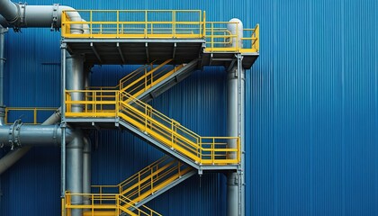 Naklejka premium Industrial metal stairs with yellow railings ascend a tall pipe structure. Gray pipes connect to a blue corrugated metal building wall. This offers access to upper levels and platforms.