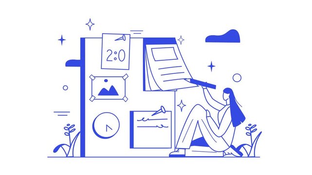 Animated woman editing creative storyboard in blue line art style
