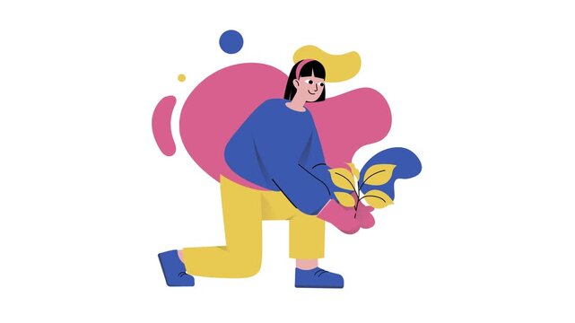 Colorful flat animation of woman planting seedling on white background