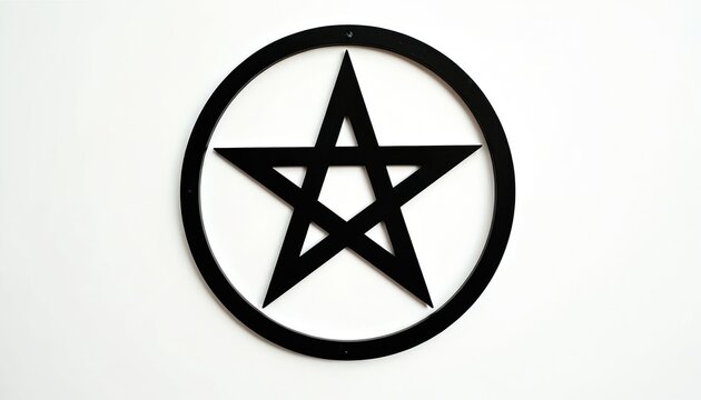 Black pentagram symbol with circle centered on stark white backdrop. Five pointed star inside circular outline represents magic, occult, and spiritual beliefs.