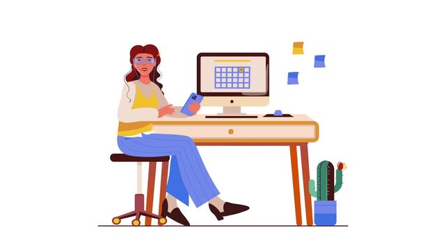 Flat vector woman planning schedule at desk with computer and phone
