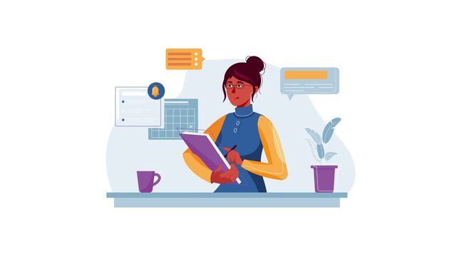Animated woman planning schedule with notebook and digital alerts