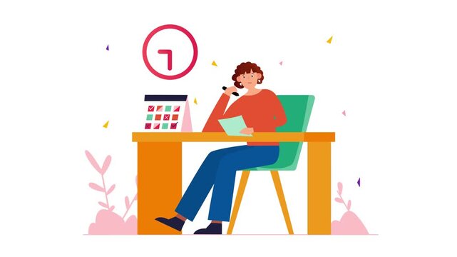 Animated woman at desk with calendar and minus sign in office illustration
