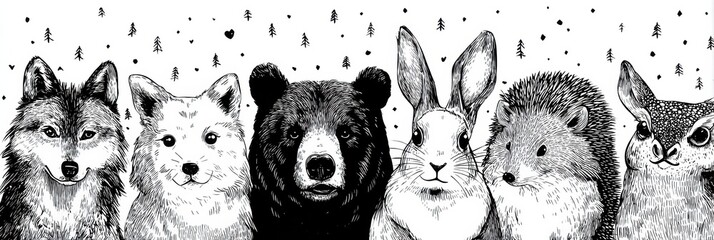 Naklejka premium Doodle Banner Featuring Hand-Drawn Animal Portraits Including Wolf, Bear, Deer, Owl, Fox, Rabbit, Hedgehog, and Squirrel in a Black Ink Sketch Style