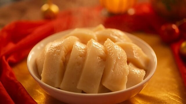 Steamed dumplings on red cloth table.