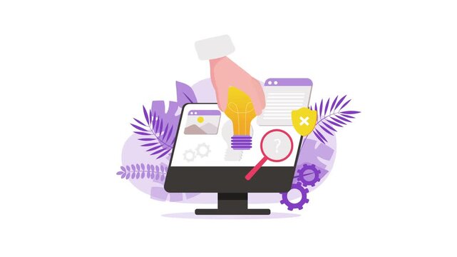 Flat vector animation of web design and SEO concept on desktop monitor