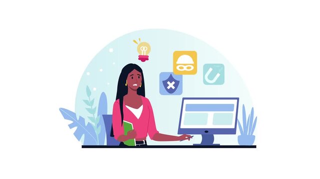 Animated woman presenting cybersecurity ideas at computer workstation