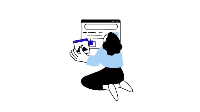 Woman uploading image to web browser interface, flat animation illustration