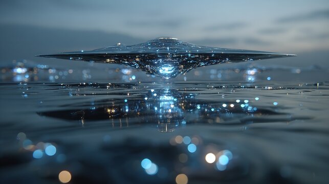 Futuristic science fiction depiction of a levitating spacecraft above water surface ready.