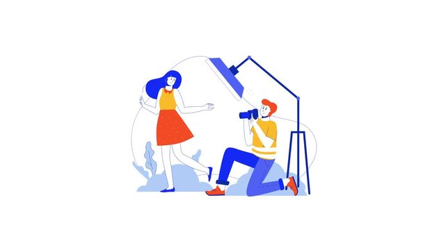 Fashion photographer taking portrait of woman under studio light, flat vector