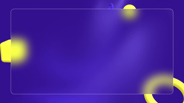 Abstract Glassmorphism Background with 3D Yellow Geometric Shapes and Frosted Glass. A modern abstract 3D motion graphic background featuring a frosted glass rectangle overlay on a deep blue gradient.