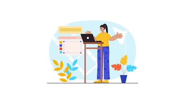 Animated woman presenting beside laptop with website layout and plants