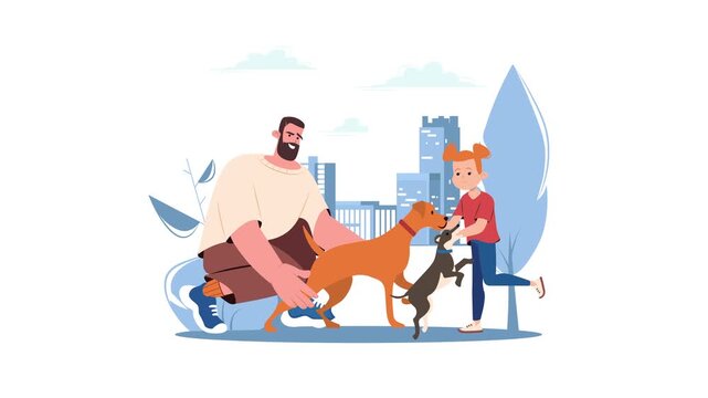 Pet owners playing with dogs in urban park animated vector illustration