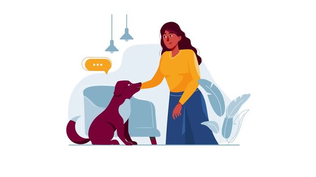 Flat illustration of woman petting dog in cozy living room with chat bubble