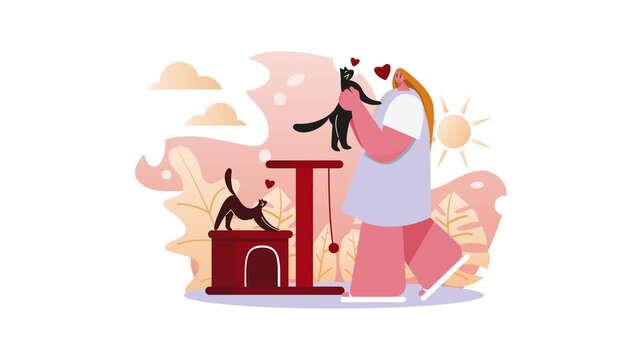 Woman holding cats beside cat tree in cozy home flat vector animation