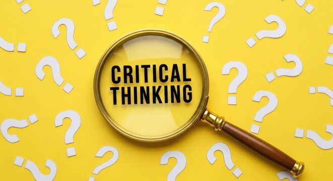 Critical thinking concept with magnifying glass, analytical research on yellow background, problem solving and logic investigation with question marks