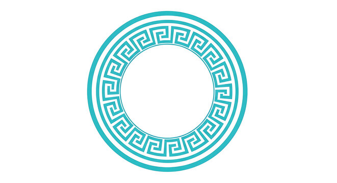 Teal greek key circular border design inspired by ancient hellenic patterns on white background, traditional mediterranean meander frame for decorative art and classic style projects branding