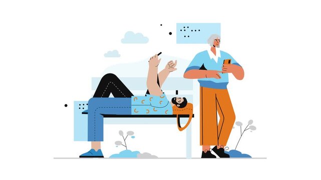 Flat style animation of people relaxing on a park bench with smartphone
