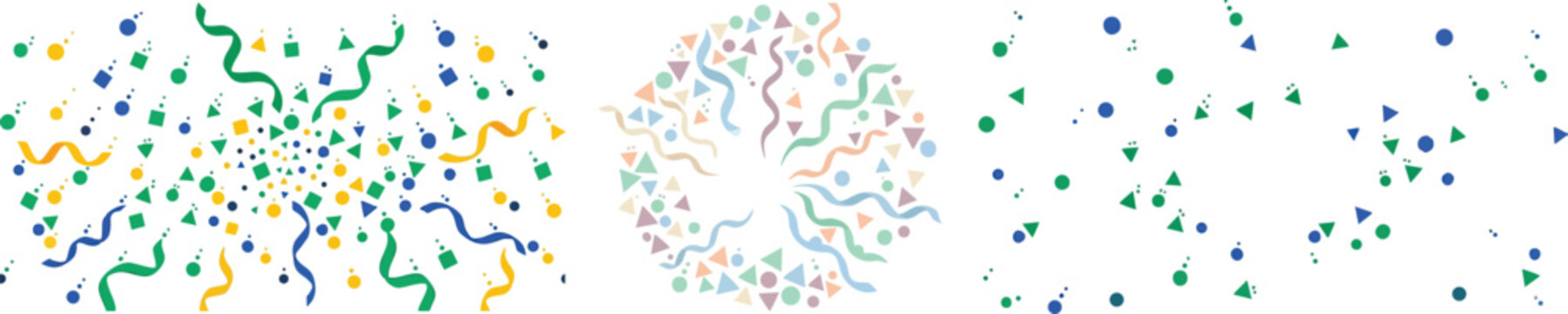 Web Festive Celebration Vector Bundle with Colorful Confetti Bursts Streamers and Radial Pastel Patterns Isolated on White