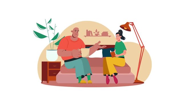 Couple reading and talking on sofa in cozy living room, animation